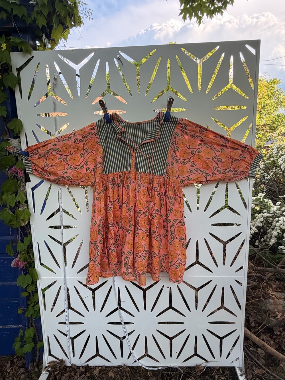 100% cotton Boho Peasant mini dress - Orange Floral with Striped Yoke